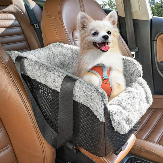 [5-Year Warranty] PETSFIT Center Console Dog Car Seat, Portable Pet Car Seat with Safe Protective Hooks, Luxury Dog Car Seats for Small Dogs Includes Safety Leash and Storage Pocket for Pets up to 9 Lbs (Black)